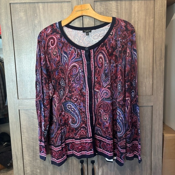 Talbots 2XP Cardigan Sweater Navy Blue Pink Maroon Paisley Rayon Cotton - Picture 1 of 11